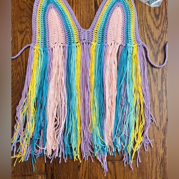 Women’s Boho Fringe Tied Crochet Halter Multicolor Cover Up Top NWT Sz M - Picture 5 of 8